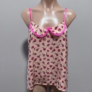 Juicy Couture Pink Flower Tank Top Ruffle Bow Coquette Silky Peter Pan Medium